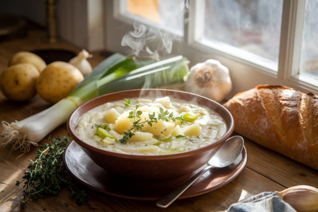 A steaming bowl of creamy potato and leek soup garnished with fresh herbs, surrounded by ingredients like potatoes, leeks, and garlic, on a rustic wooden table with soft sunlight in the background.