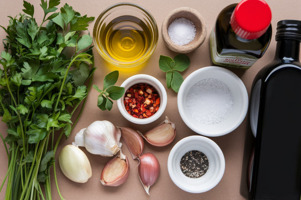 Flat lay of ingredients for chimichurri sauce including parsley, oregano, garlic, red chili flakes, olive oil, red wine vinegar, salt, and pepper