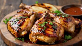 Perfectly grilled Delmarva BBQ chicken with crispy golden skin on a charcoal grill, surrounded by summer BBQ atmosphere.