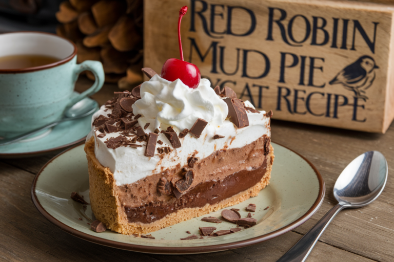 A photo of a red robin mud pie copycat recipe. The pie is served with a scoop of ice cream and a dollop of whipped cream on top. Thereare also chocolate shavings and a cherry on top. The pie is placed on a plate. The background is a wooden board with the text "red robin mud pie copycat recipe". There is a tea cup and a spoon beside the pie.