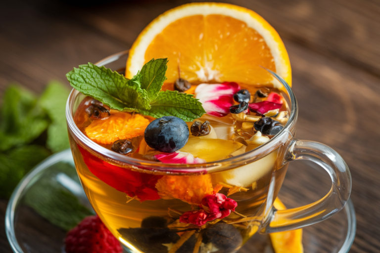 A vibrant cup of loaded tea with fruits and herbs.