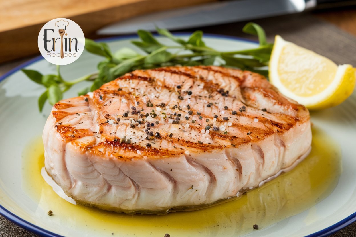 A perfectly cooked swordfish steak, showcasing how swordfish is supposed to be cooked with a golden sear, seasoned with salt and pepper. The steak is tender and moist on the inside, served with a lemon wedge and fresh herbs on a white plate. The backdrop features a wooden cutting board and knife, emphasizing the preparation process