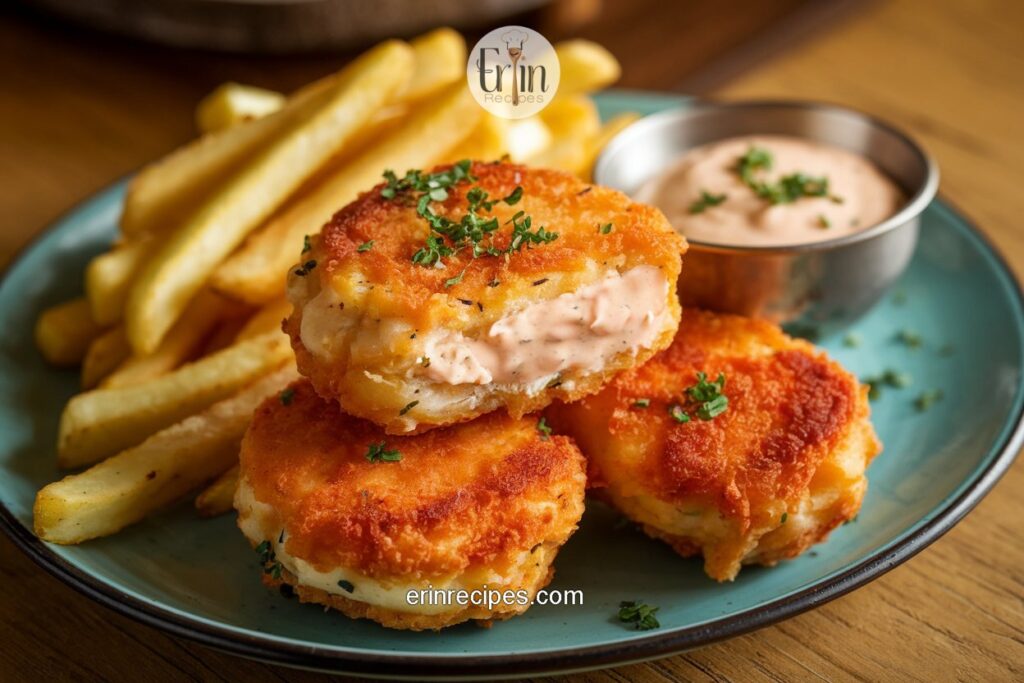 Crispy baked swordfish nuggets served with lemon wedges and dipping sauce