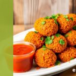 A platter of golden-brown boudin balls coated in crushed Spicy Hot Cheetos, garnished with fresh parsley and served with a side of spicy dipping sauce, set against a rustic wooden background, vibrant colors, appetizing and inviting, brand name "erinrecipes".