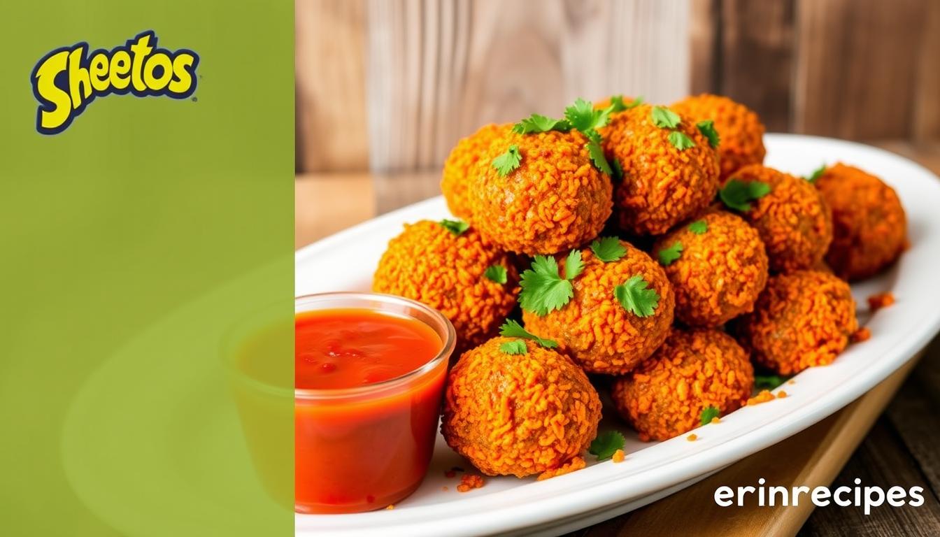 A platter of golden-brown boudin balls coated in crushed Spicy Hot Cheetos, garnished with fresh parsley and served with a side of spicy dipping sauce, set against a rustic wooden background, vibrant colors, appetizing and inviting, brand name "erinrecipes".