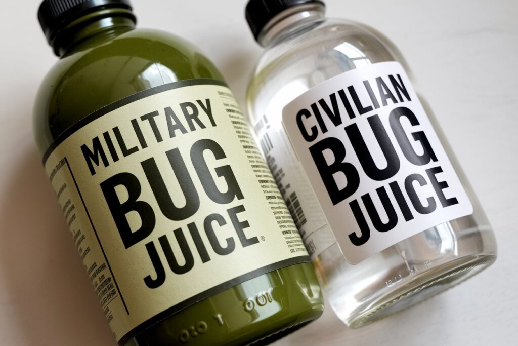 Side-by-side comparison of military bug juice and a civilian version.

