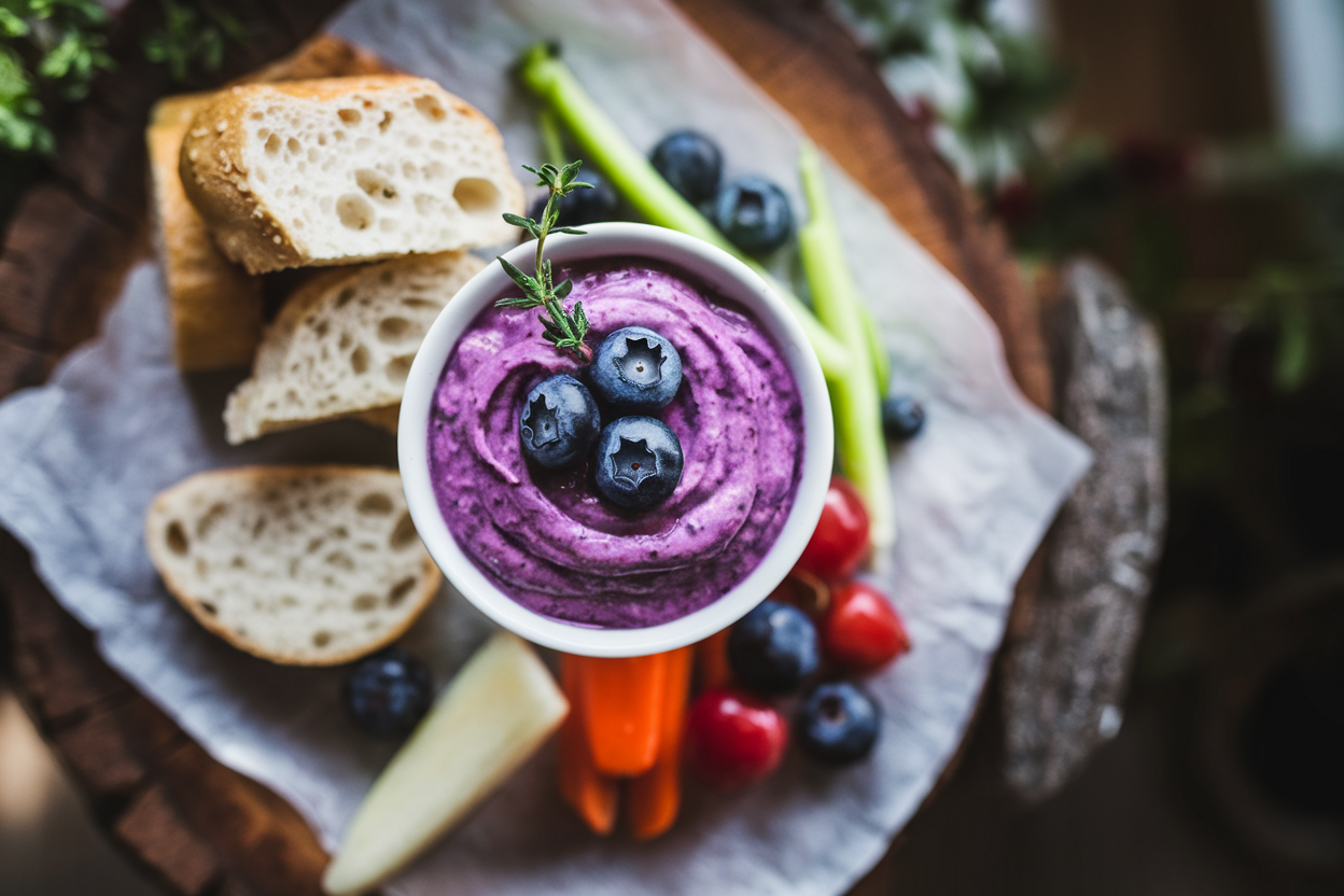 A top-down view of a bowl of blueberry garlic aioli, a purple sauce garnished with blueberries and thyme. The bowl is set on a rustic wooden table surrounded by bread and fresh vegetables