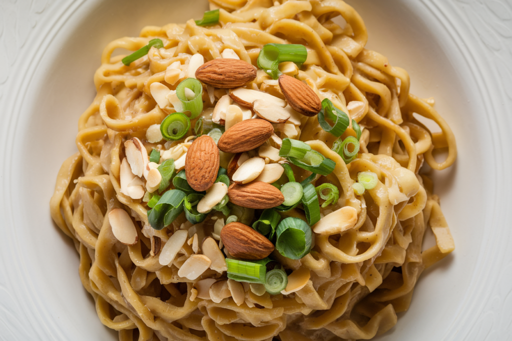 A dish of noodles almondine featuring cooked noodles topped with sliced almonds and green onions, served on a white plate.