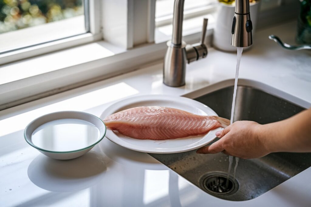 Fish fillet soaking in a bowl of milk on a kitchen counter, ready to be rinsed under a stainless steel sink faucet.