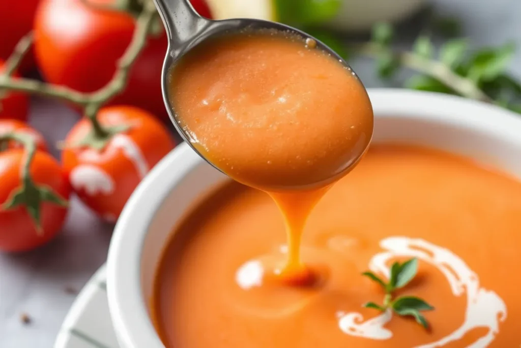 Mid-article image showing a ladle pouring creamy tomato bisque into a bowl, highlighting its smooth texture.