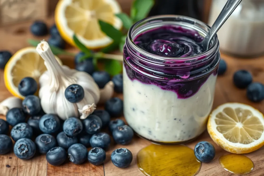 A jar of blue jam garlic aioli surrounded by fresh blueberries, garlic cloves, and lemon slices on a rustic wooden table.