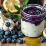 A jar of blue jam garlic aioli surrounded by fresh blueberries, garlic cloves, and lemon slices on a rustic wooden table.