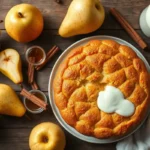 Overhead view of a freshly baked dairy-free pear koogle on a wooden table with fresh pears and spices.