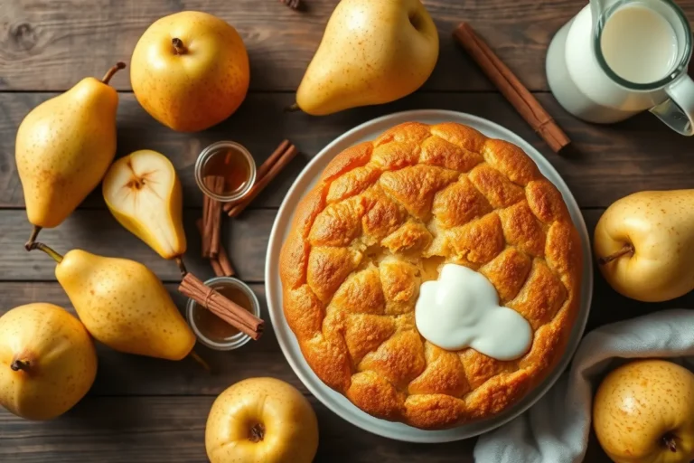 Overhead view of a freshly baked dairy-free pear koogle on a wooden table with fresh pears and spices.