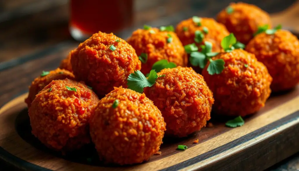 Spicy Hot Cheetos boudin balls with a crispy, golden-brown exterior, garnished with fresh herbs and served on a rustic wooden platter. The vibrant colors and textures of the dish are inspired by Cajun cuisine, with cinematic lighting highlighting the delicious, flavorful presentation.