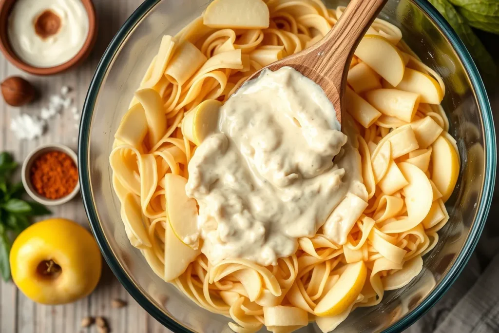 Mixing noodles and sliced pears with a dairy-free mixture in a bowl for the koogle recipe.