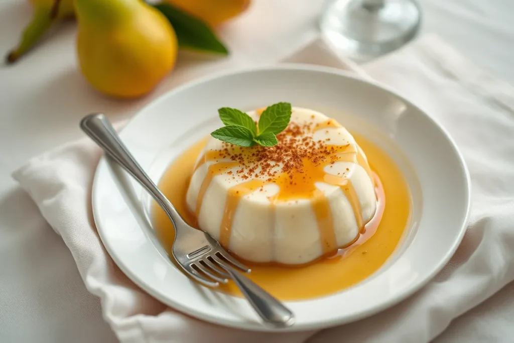 Slice of dairy-free pear koogle on a plate garnished with cinnamon and mint, ready to eat.