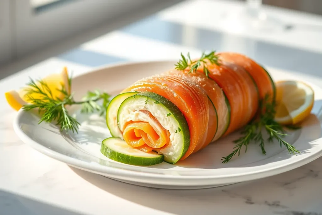 Elegant smoked salmon roulade on cucumber slices garnished with fresh dill and lemon on a white porcelain platter.