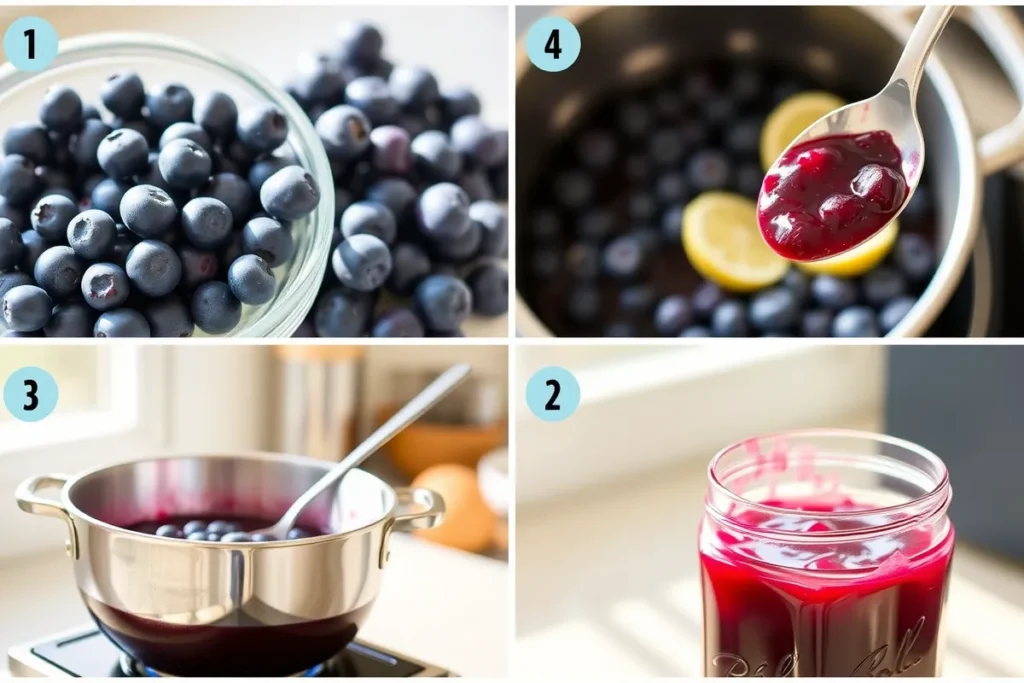 A collage illustrating the process of making homemade blueberry jam from fresh blueberries to the finished jam in a jar.