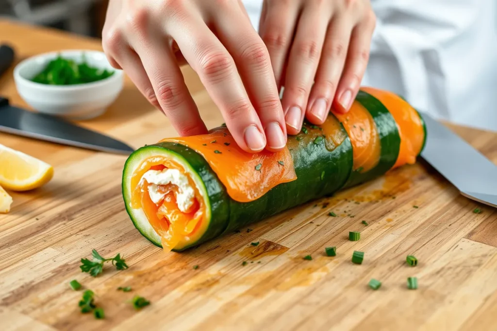 Chef preparing smoked salmon roulade with cream cheese and fresh herbs, rolling it on thin cucumber slices in a kitchen setting.