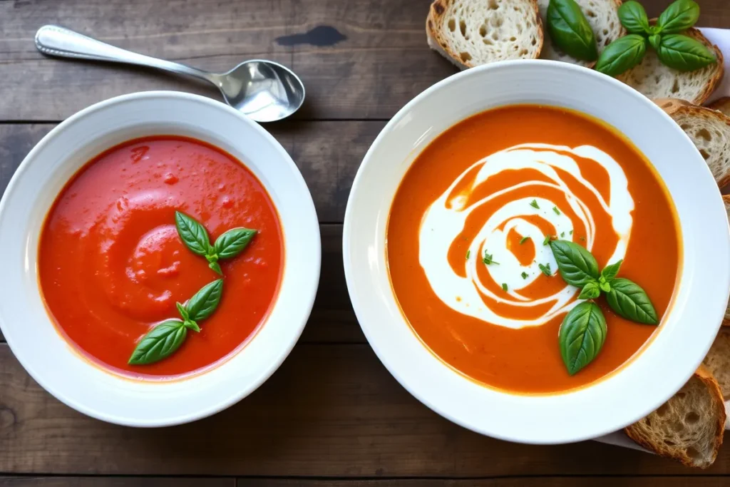 Featured image of a bowl of creamy tomato bisque next to a bowl of regular tomato soup on a rustic wooden table