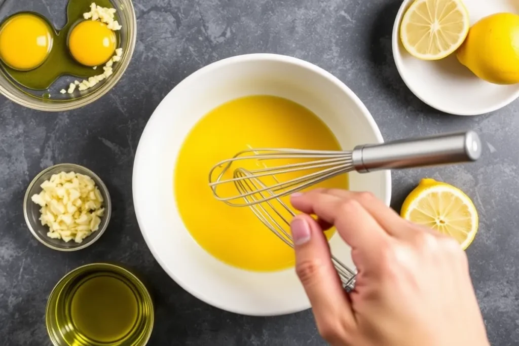 "Ingredients for garlic aioli being whisked together: egg yolks, minced garlic, olive oil, and lemon on a kitchen counter."

