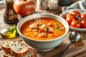 A steaming bowl of smoky chicken tomato bisque garnished with fresh herbs, served with crusty bread on a rustic wooden table