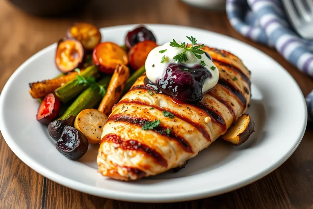 Grilled chicken served with blue jam garlic aioli and garnished with fresh herbs alongside roasted vegetables.

