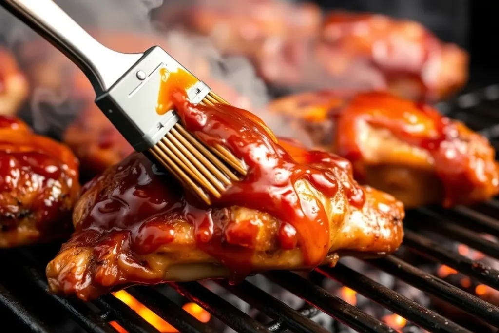 Close-up of Delmarva BBQ chicken being basted with vinegar-based sauce on a smoky grill.