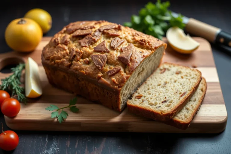 Description of the loaf sliced open with surrounding ingredients.