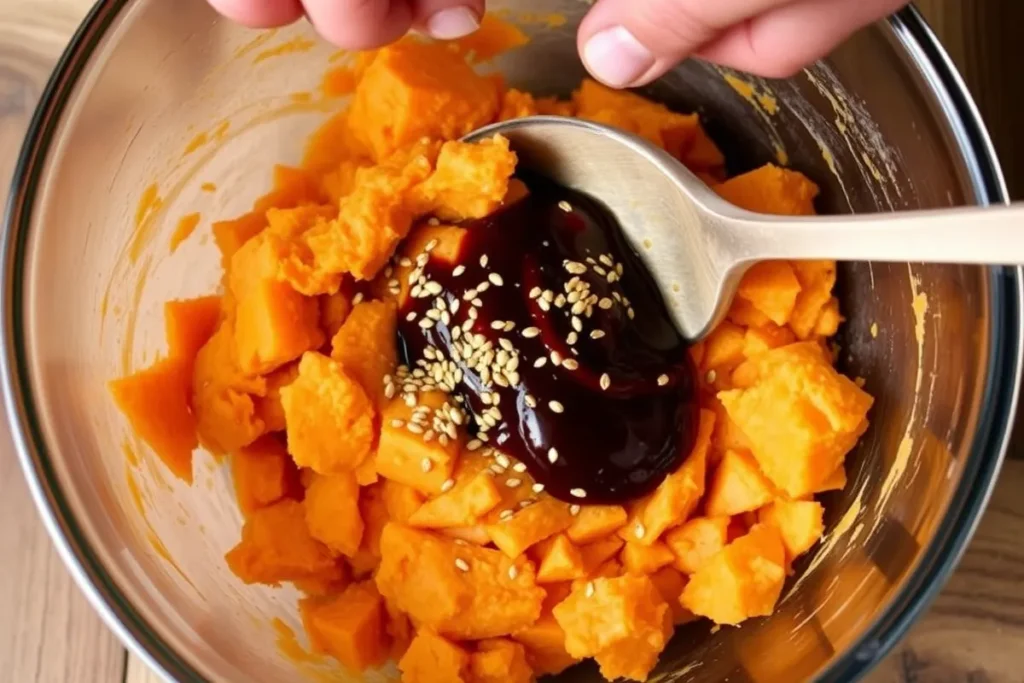  Hands mashing sweet potatoes with miso paste and seeds, showing additional ingredients on the counter.