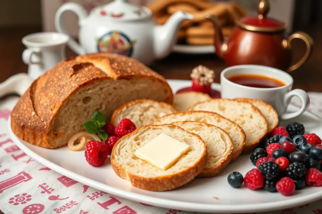 Slices of seeded miso sweet potato bread on a platter with butter, berries, and a teapot.
