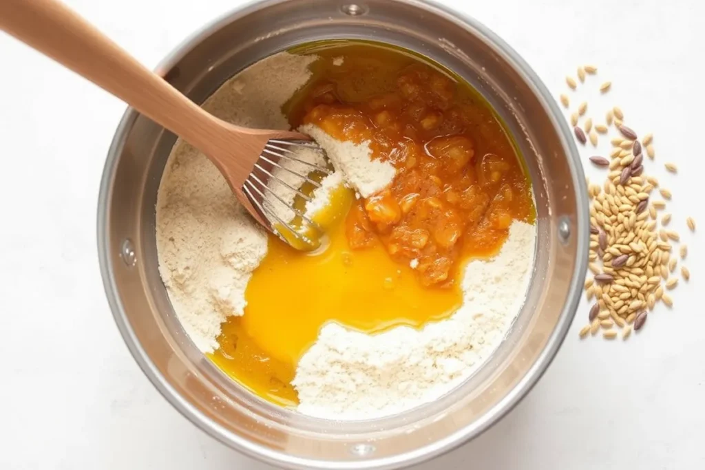 Mixing bowl with wet ingredients being whisked together, seeds arranged beside the bowl.