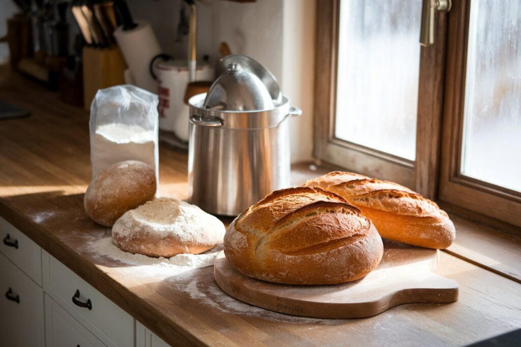 A bread maker on a wooden counter with sourdough ingredients and a freshly baked loaf of sourdough bread in a rustic kitchen setting.