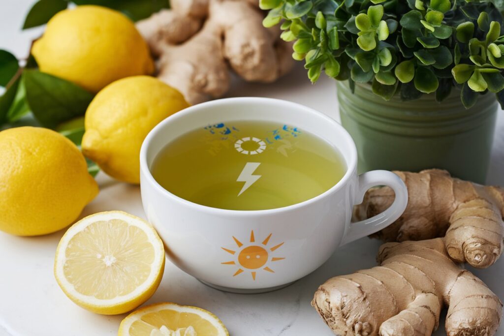 A cup of vibrant loaded tea with energy symbols like lightning bolts, representing a boost of energy and health benefits.