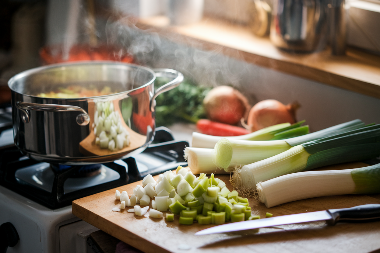 Chopped white, light green, and dark green parts of leeks on a cutting board beside a pot of simmering leek soup in a rustic kitchen setting.