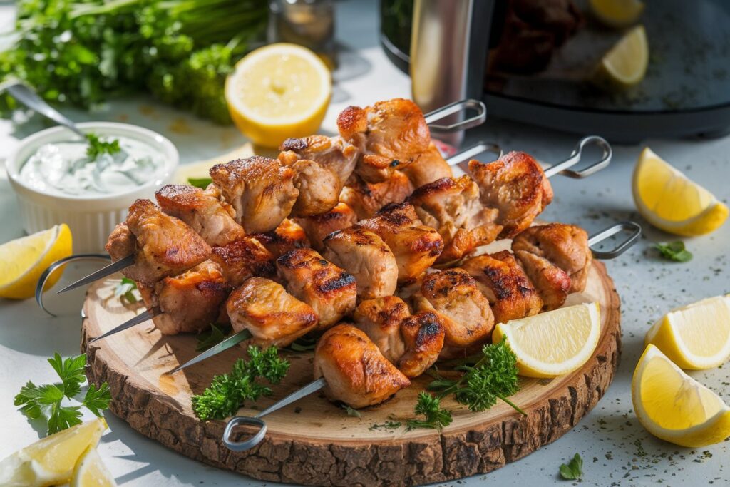 Golden-brown Mediterranean chicken skewers served with lemon wedges and tzatziki sauce, with an air fryer in the background