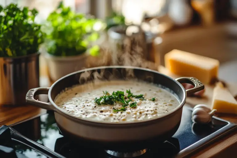 A creamy white sauce simmering in a saucepan in a rustic kitchen, surrounded by fresh ingredients like Parmesan cheese, garlic, and parsley.