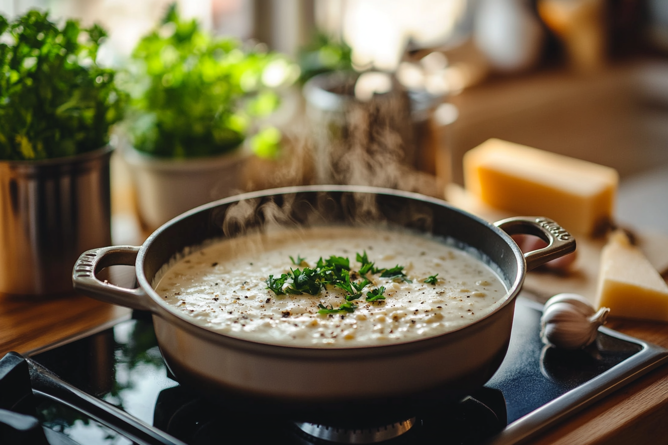 A creamy white sauce simmering in a saucepan in a rustic kitchen, surrounded by fresh ingredients like Parmesan cheese, garlic, and parsley.