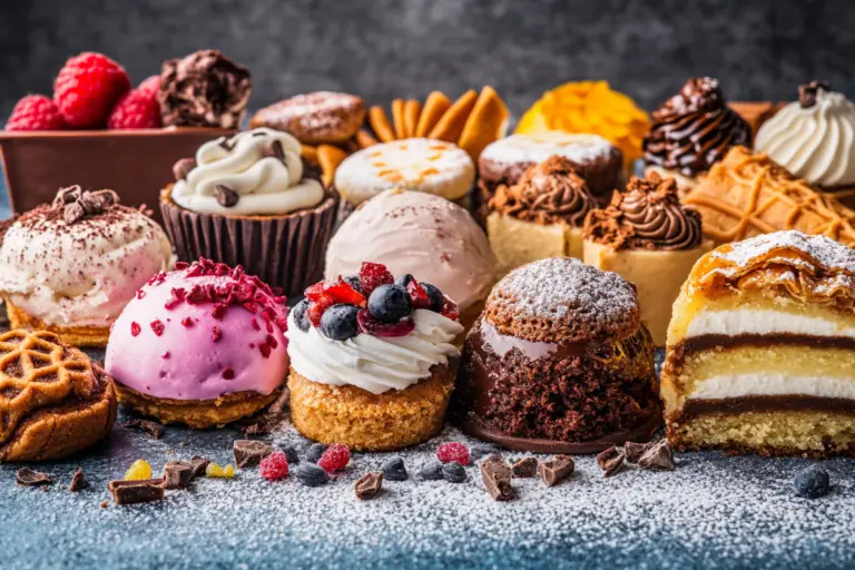 An enticing collage featuring the top 10 best desserts from around the world, including chocolate chip cookies, ice cream, German chocolate cake, baklava, and crème brûlée, presented in a vibrant and colorful arrangement.
