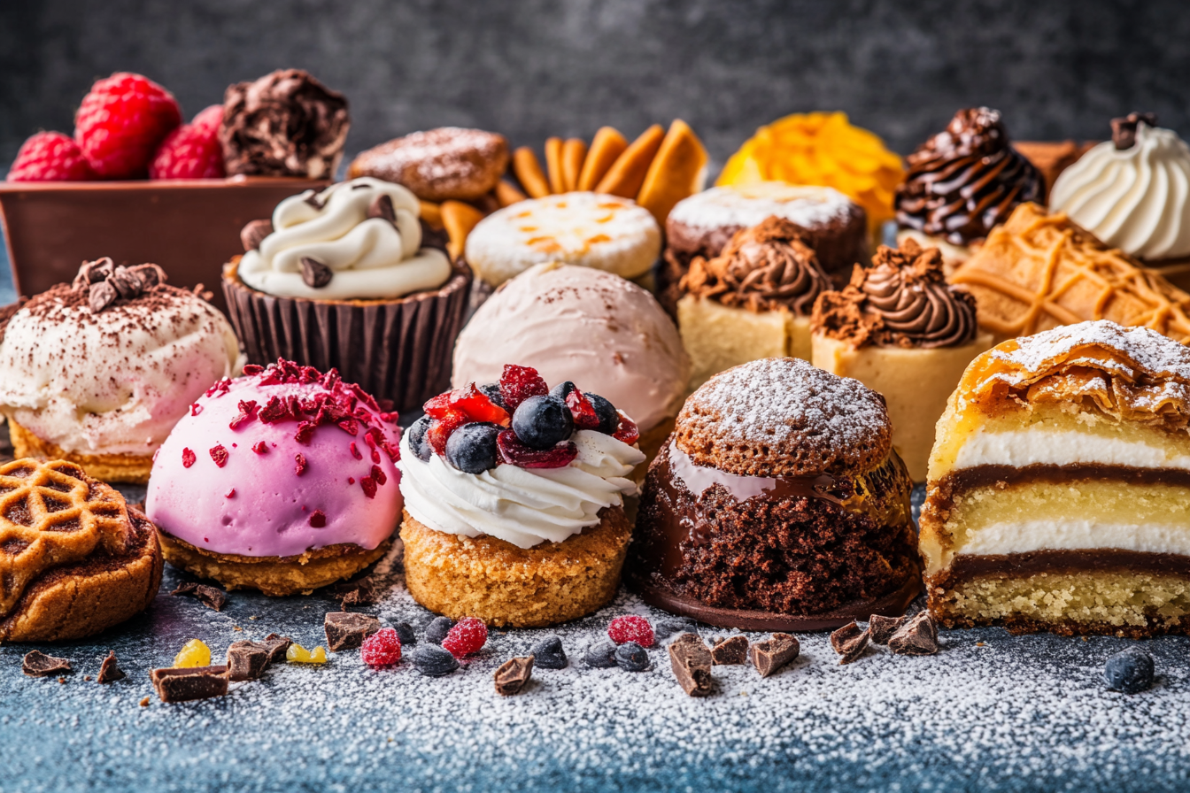 An enticing collage featuring the top 10 best desserts from around the world, including chocolate chip cookies, ice cream, German chocolate cake, baklava, and crème brûlée, presented in a vibrant and colorful arrangement.