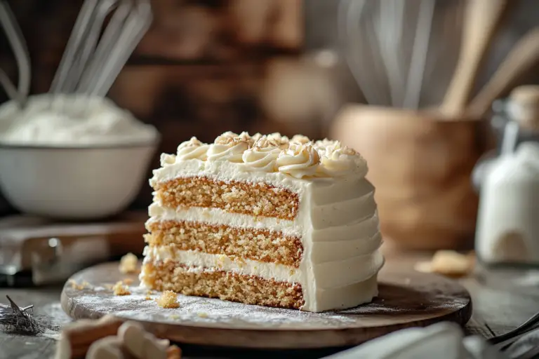 A moist and creamy cake slice made with sour cream, beautifully decorated and set in a rustic kitchen with baking tools.