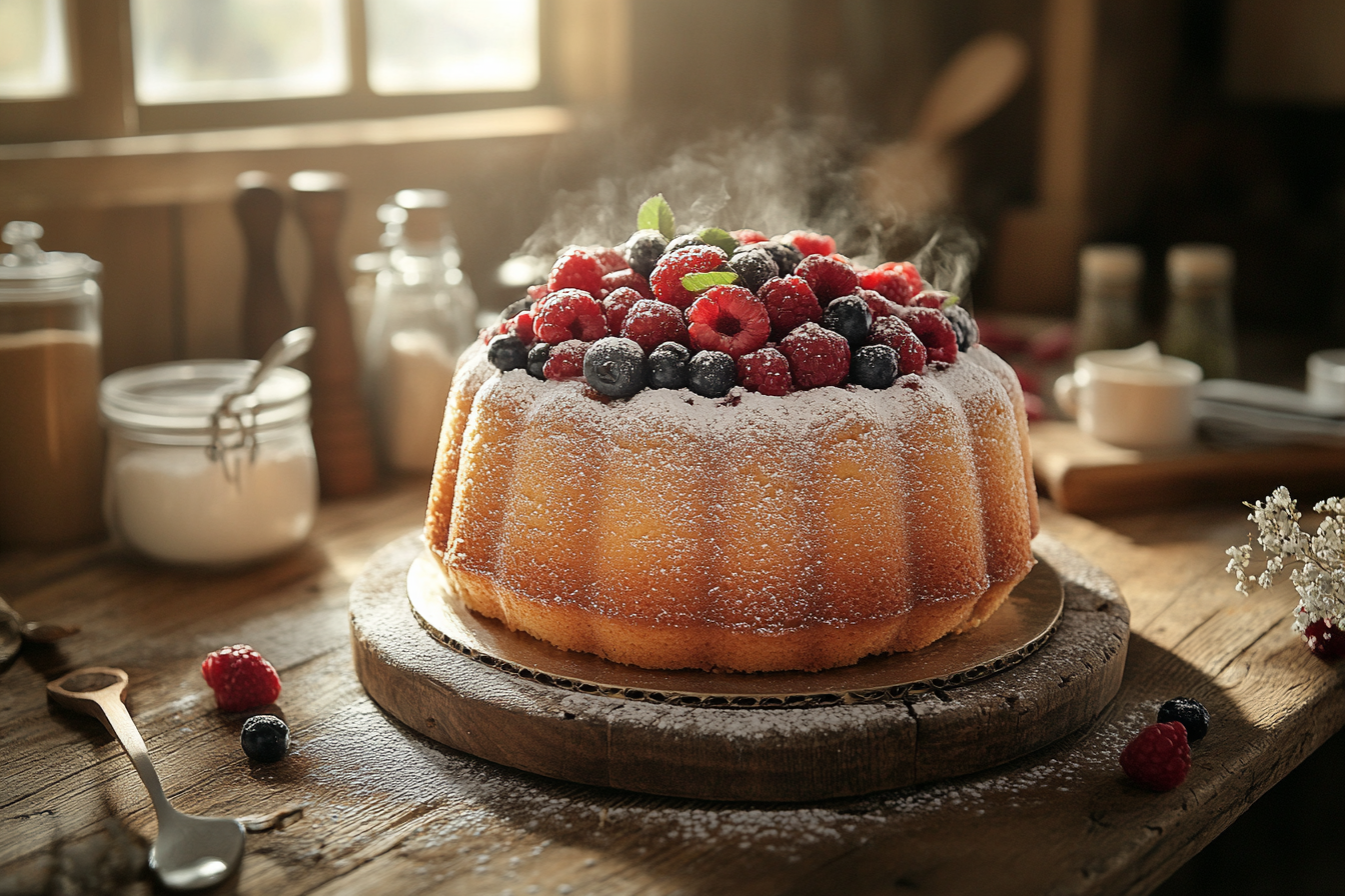 A delicious sour cream pound cake topped with fresh berries and powdered sugar, set on a rustic wooden table in a cozy kitchen environment.