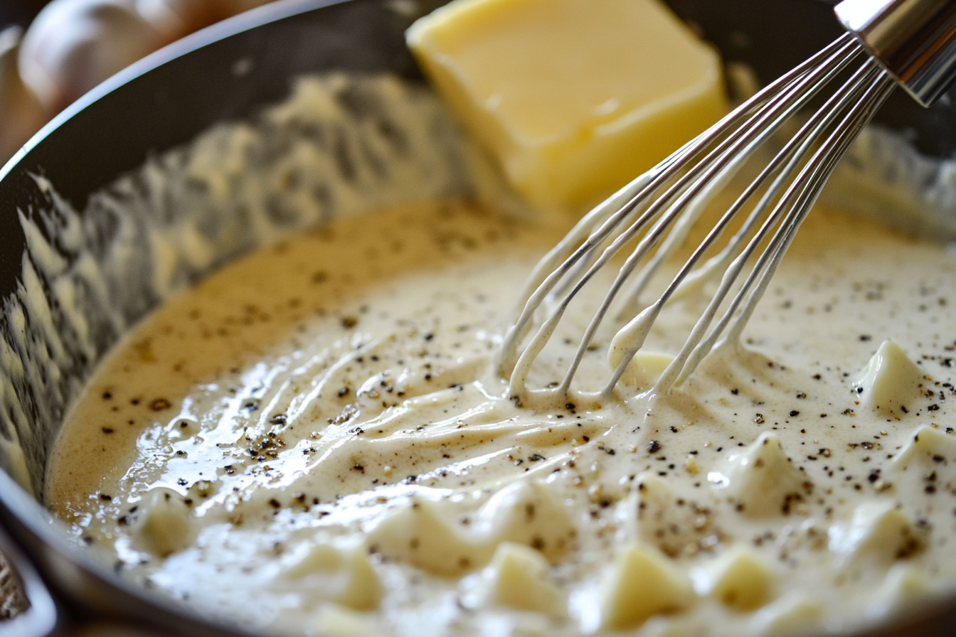 Creamy sauce being poured over fettuccine pasta in a modern kitchen setting with fresh herbs and warm lighting