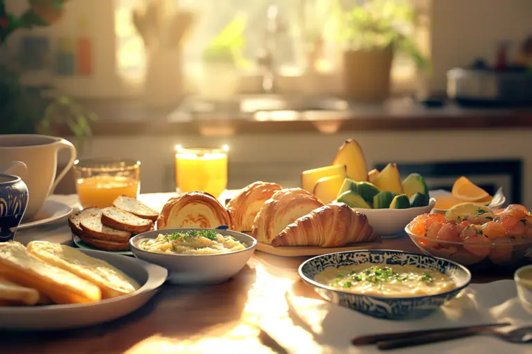 A cozy breakfast table with international dishes like pancakes, croissants, fruit bowls, congee, and avocado toast, with sunlight creating a warm morning atmosphere.