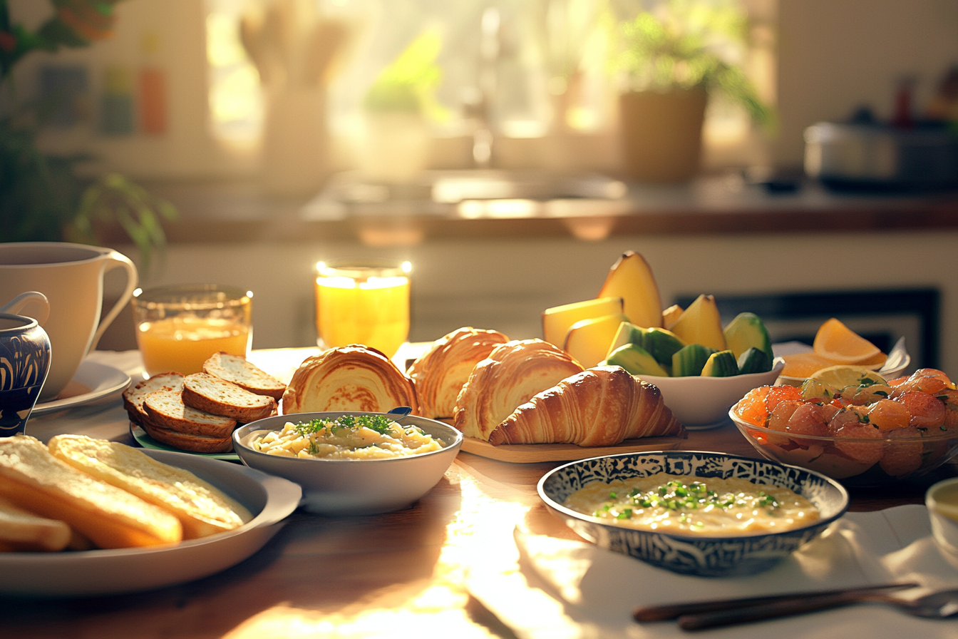 A cozy breakfast table with international dishes like pancakes, croissants, fruit bowls, congee, and avocado toast, with sunlight creating a warm morning atmosphere.