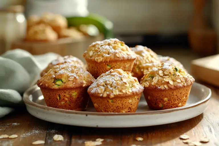 A plate of freshly baked vegan zucchini muffins with oats on a wooden table in a cozy kitchen.