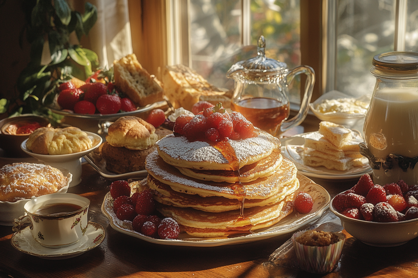 A warm and inviting spread of sweet breakfast recipes, featuring pancakes, French toast, muffins, and fresh fruit on a wooden table with morning sunlight.