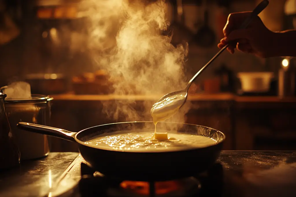 A chef stirring a creamy sauce base in a rustic kitchen, with butter, flour, and cream visible in the preparation.