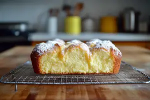 Golden-brown sour cream pound cake on a cooling rack, dusted with powdered sugar, in a rustic kitchen setting.